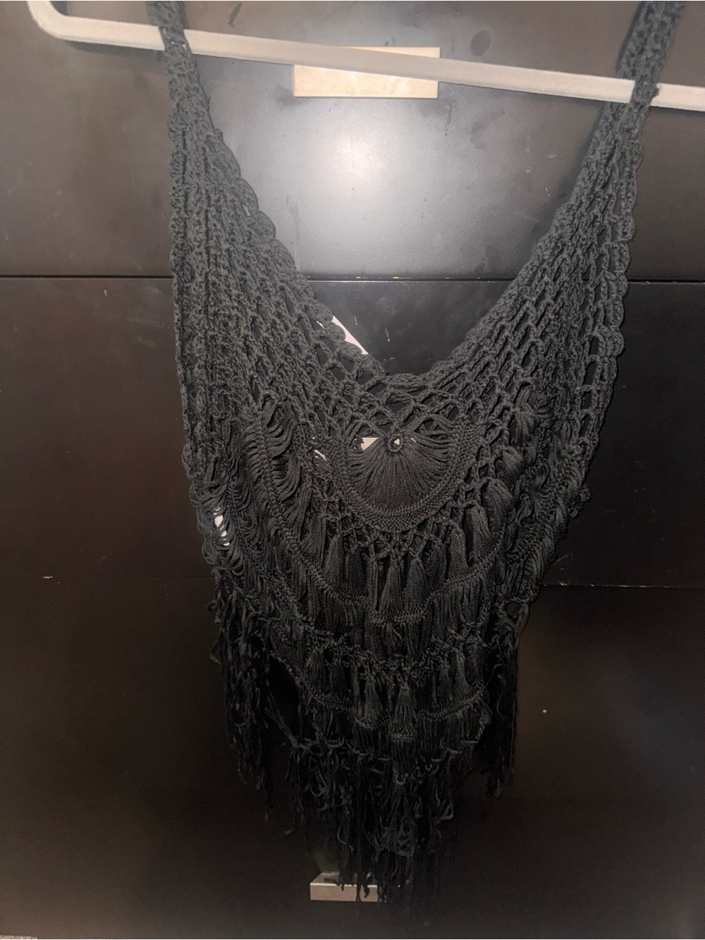 Black Crochet Fringe Wrap Scarf - Women's Boho Accessory
